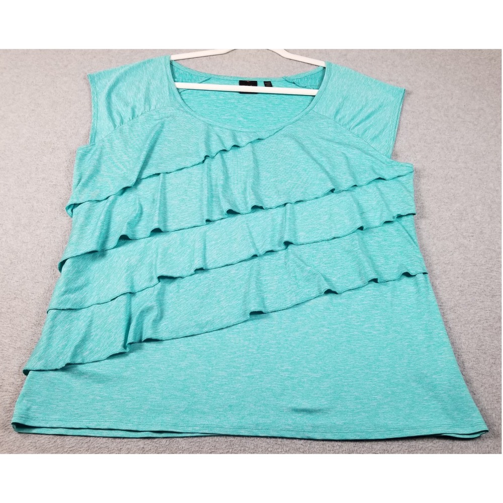 Rafaella Top Women 2XL XXL Blue Tiered Layers Short Sleeve Blouse Casual Stretch